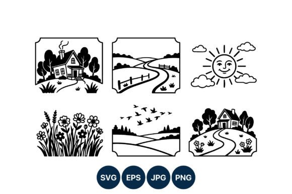 Black White Rural House Vector Art Graphics