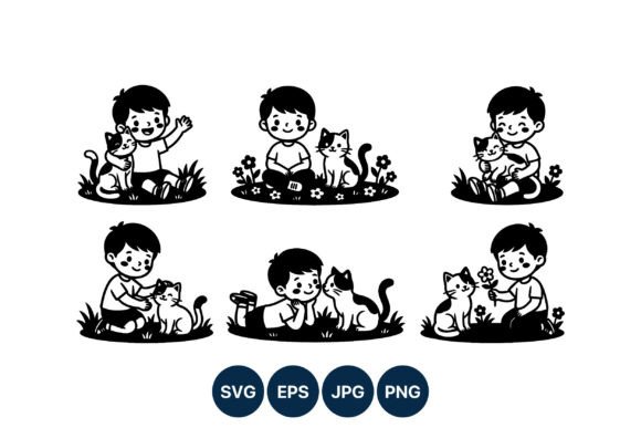 Boy Playing with Cat Graphics for Editorial and Web Use