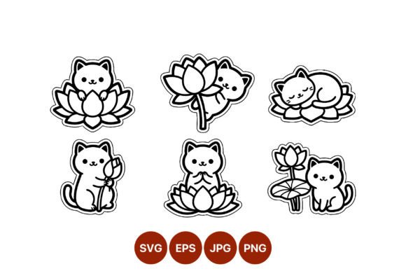 Cat and Lotus Flower Cute Line Art