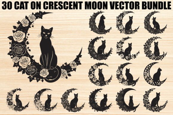 Cat on Crescent Moon Bundle Graphics