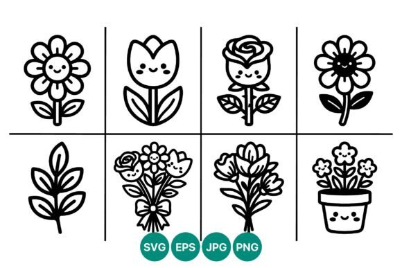 Cute Black and White Cartoon Flower Graphics