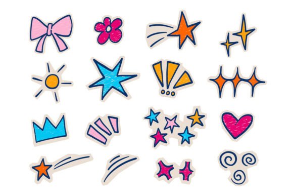 Cute Doodle Stars Hearts Elements Set Graphics