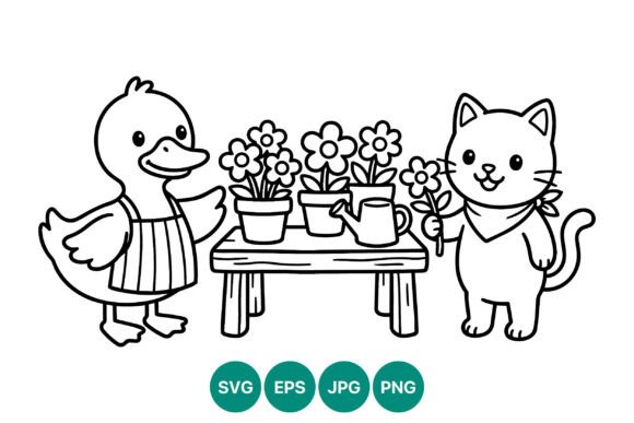 Cute Duck and Cat Flower Garden Graphics