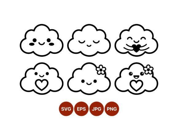 Cute Happy Cloud Line Art Vector
