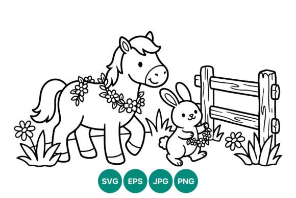 Cute Horse with Bunny and Flower Garland Graphics