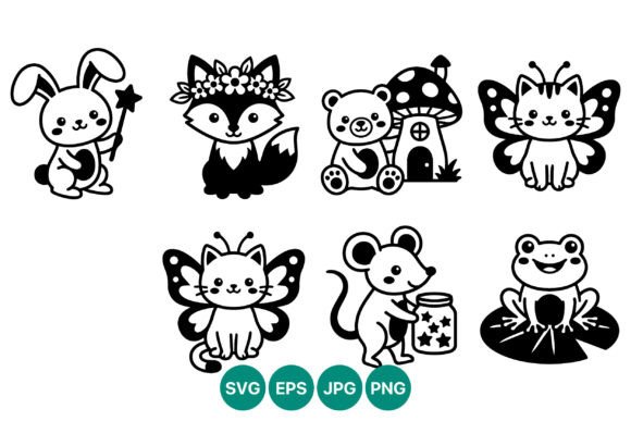 Cute Magical Animals Black and White Graphics