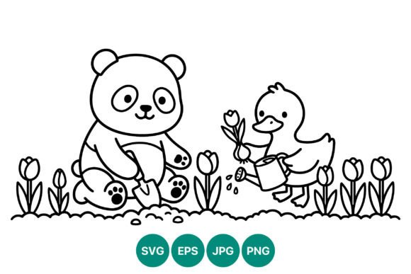 Cute Panda and Duck Gardening Line Art Graphics