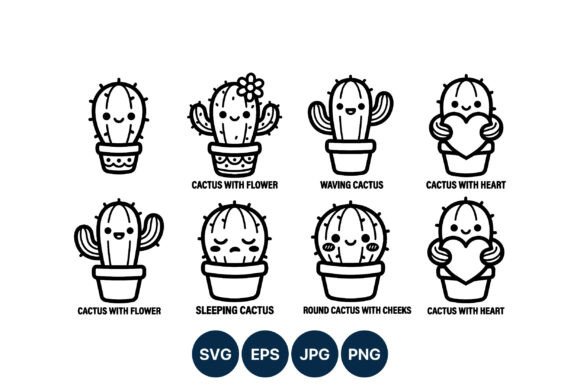 Cute Smiling Cactus Line Art Vector Graphics