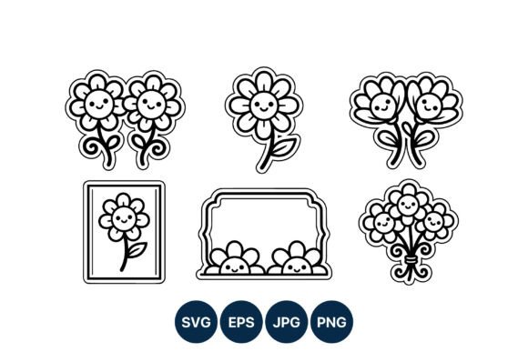 Cute Smiling Flower Black and White Graphics