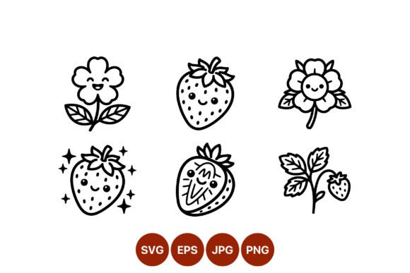 Cute Strawberry and Flower Vector Line Graphics