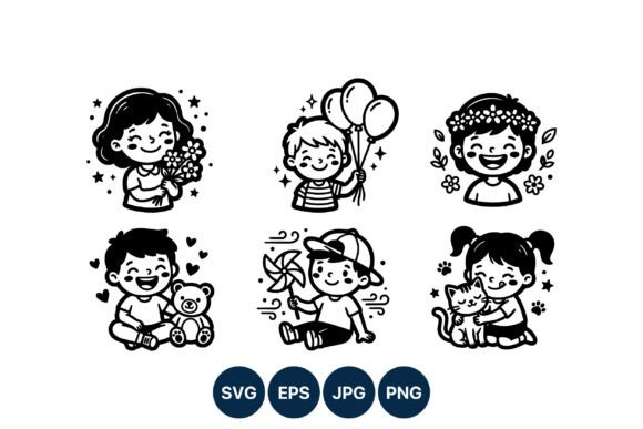 Happy Kids with Balloons and Pets Vector Graphics