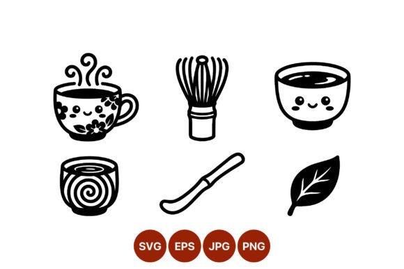 Kawaii Tea Cup Bowl Whisk Spoon Leaf Art Graphics