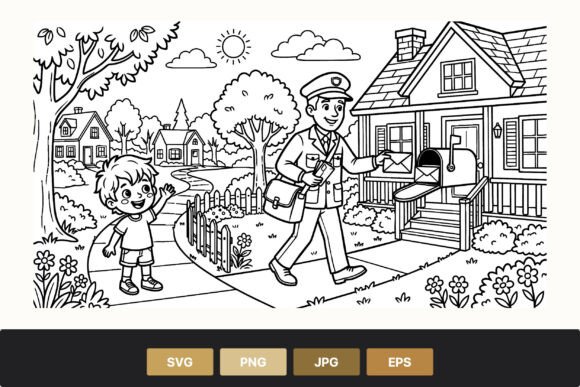 Postman Delivering Mail with Waving Boy Graphics