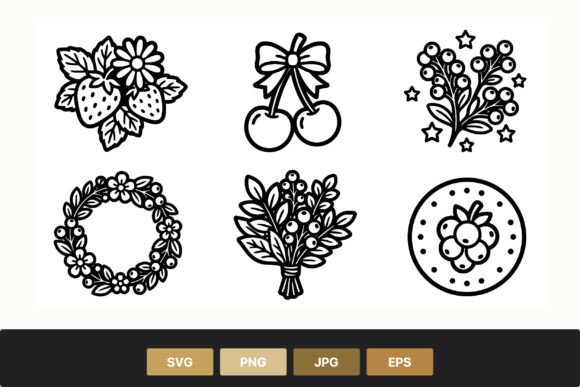 Strawberry Cherry Berry Bouquet Line Art Graphics